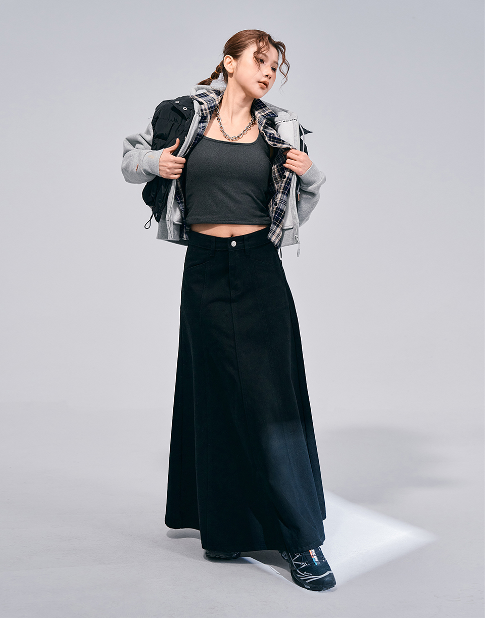 水洗厚磅傘狀車線牛仔長裙