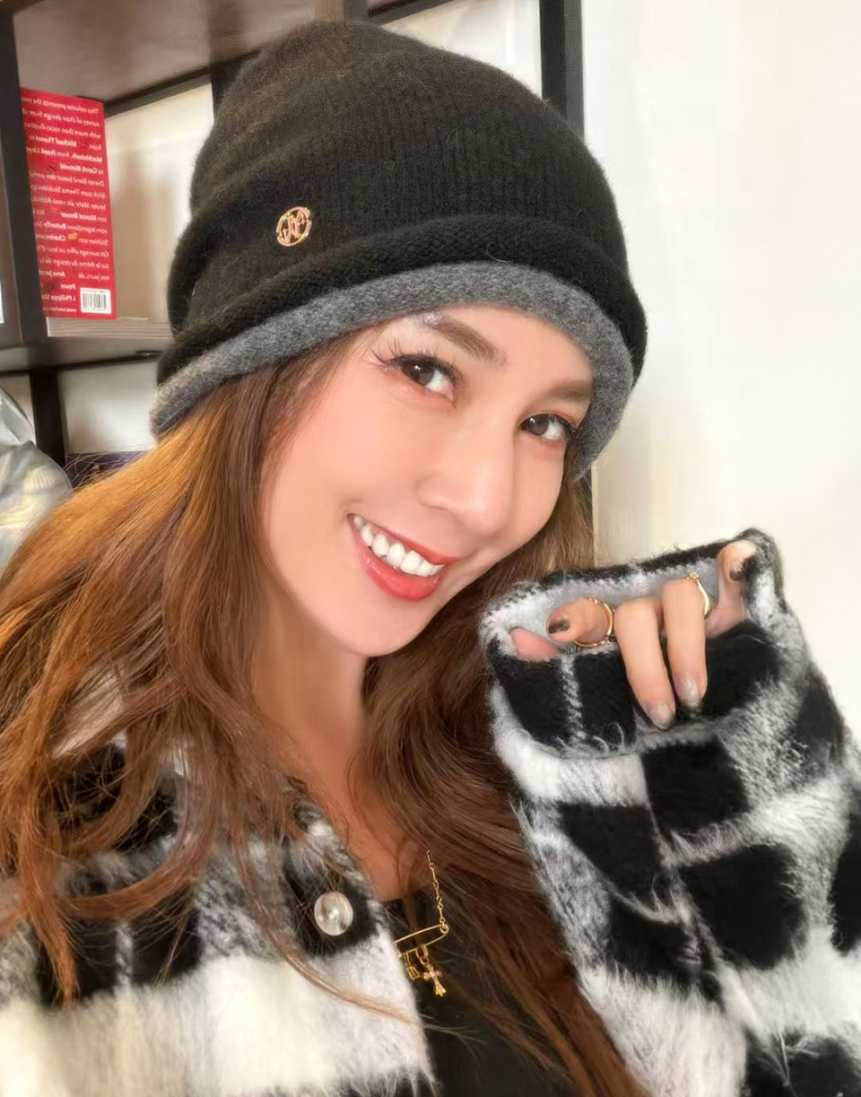 撞色雙層捲邊毛呢冷帽