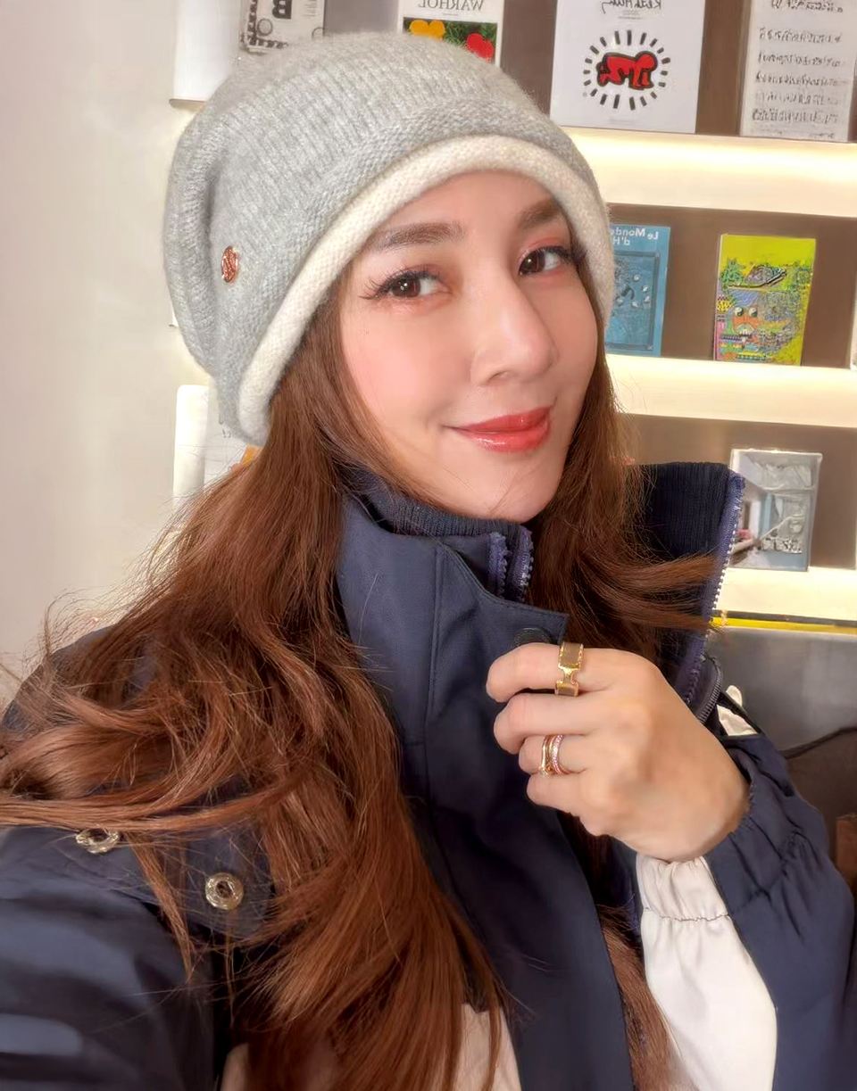 撞色雙層捲邊毛呢冷帽