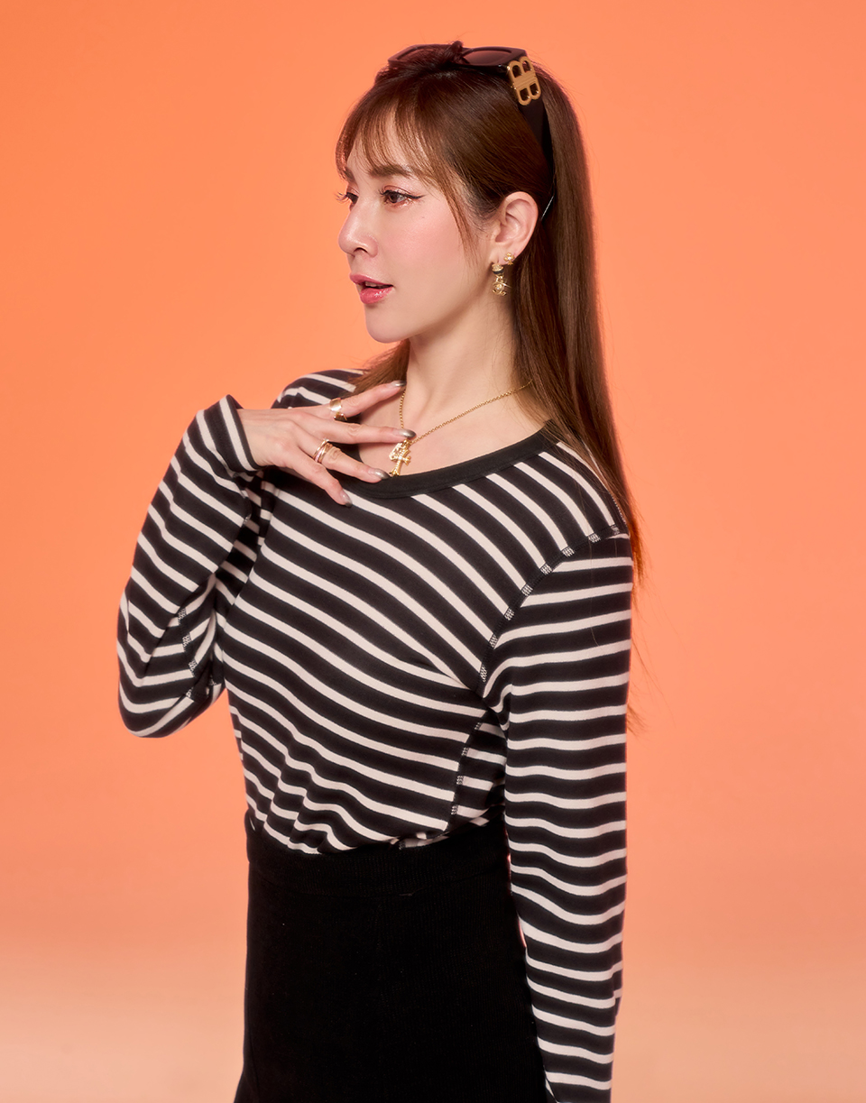 禦寒極暖條紋圓領羊絨發熱衣