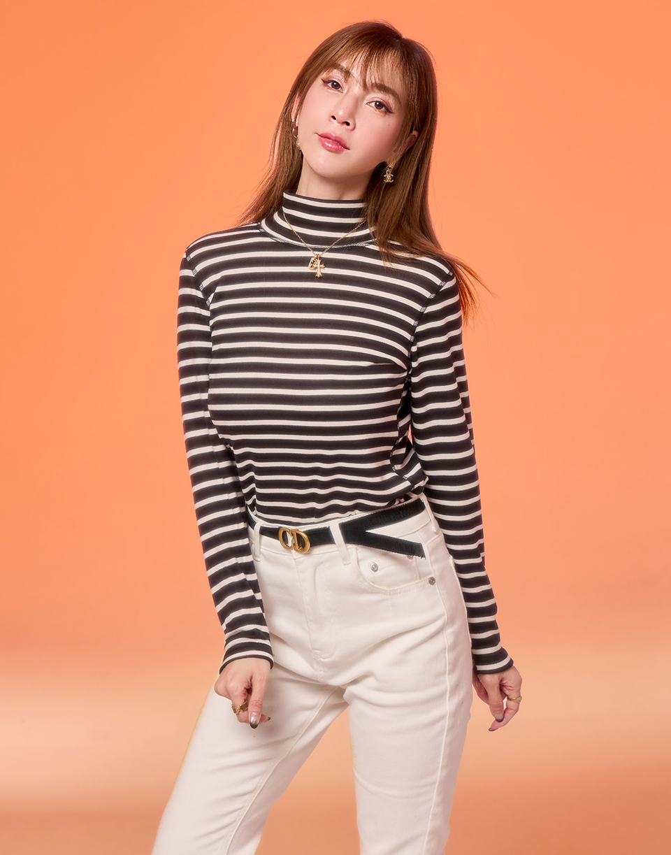 禦寒極暖條紋高領羊絨發熱衣