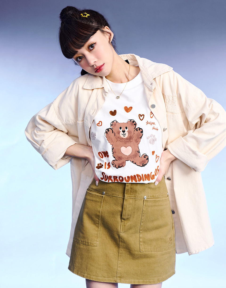 手繪熊熊愛心繡花短T