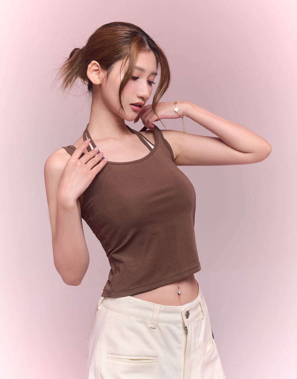 U領層次假兩件背心