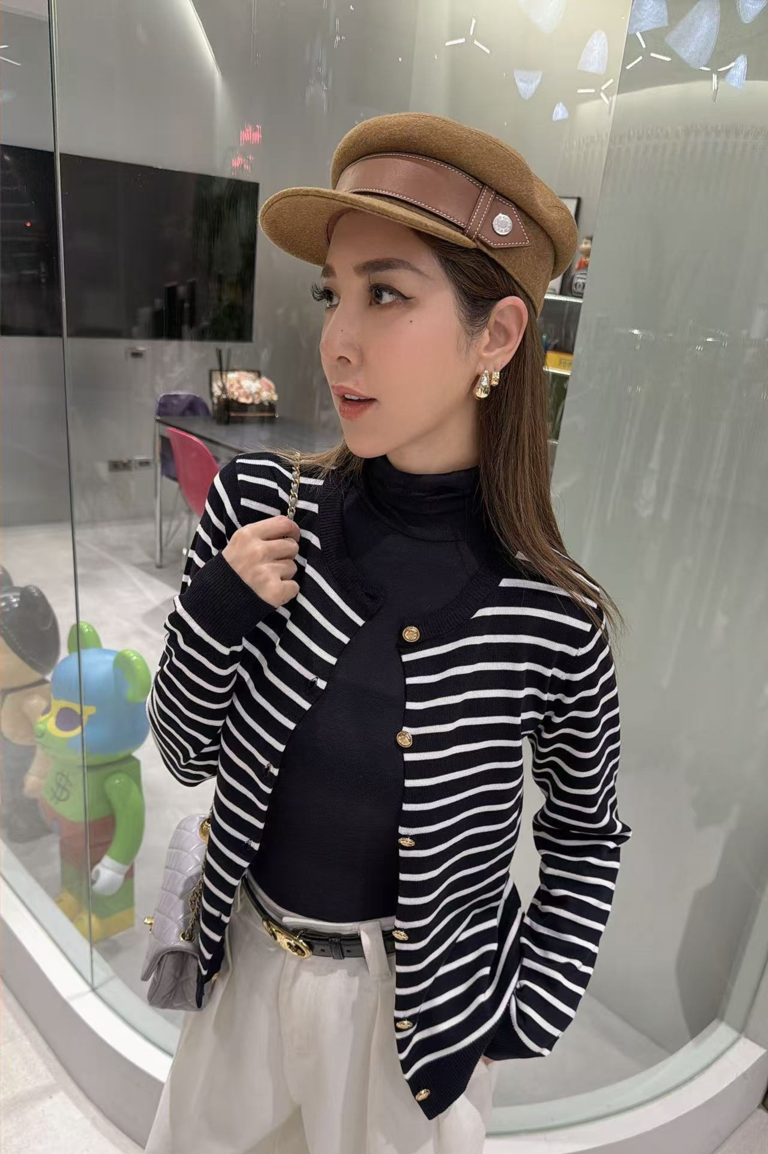 經典條紋排釦針織外套
