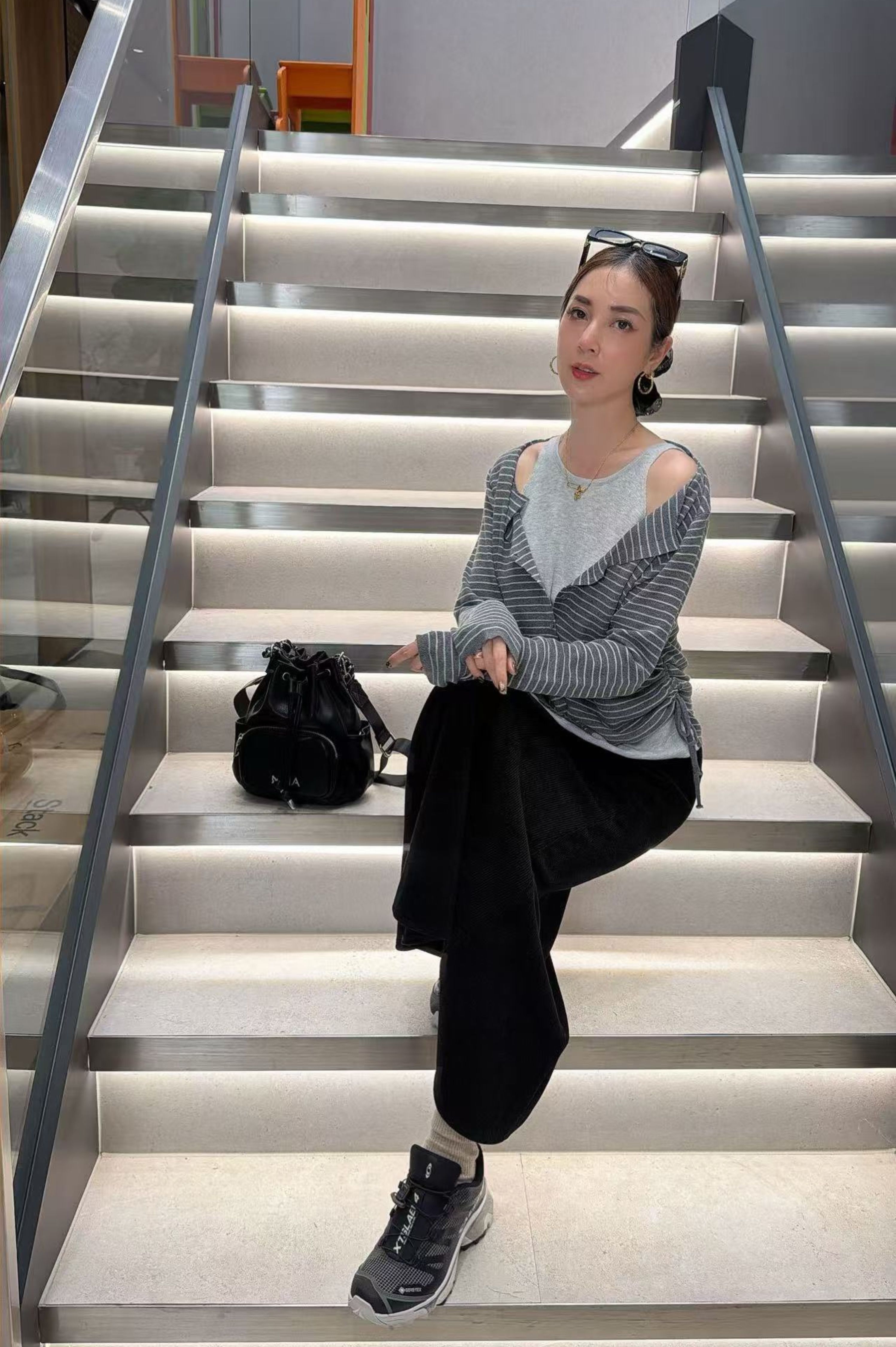 韓系條紋假兩件抓皺上衣