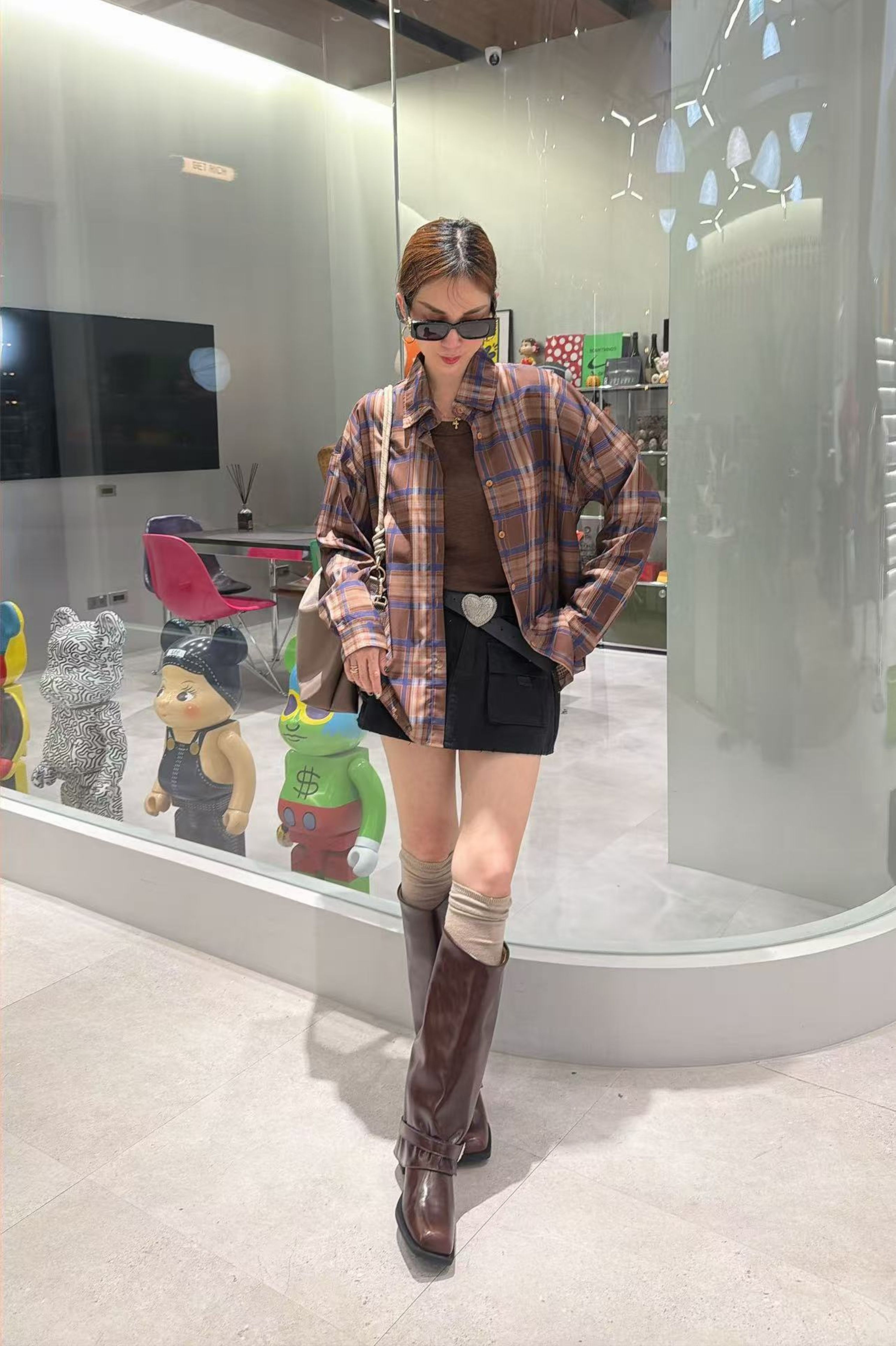韓系復古撞色格紋長袖襯衫
