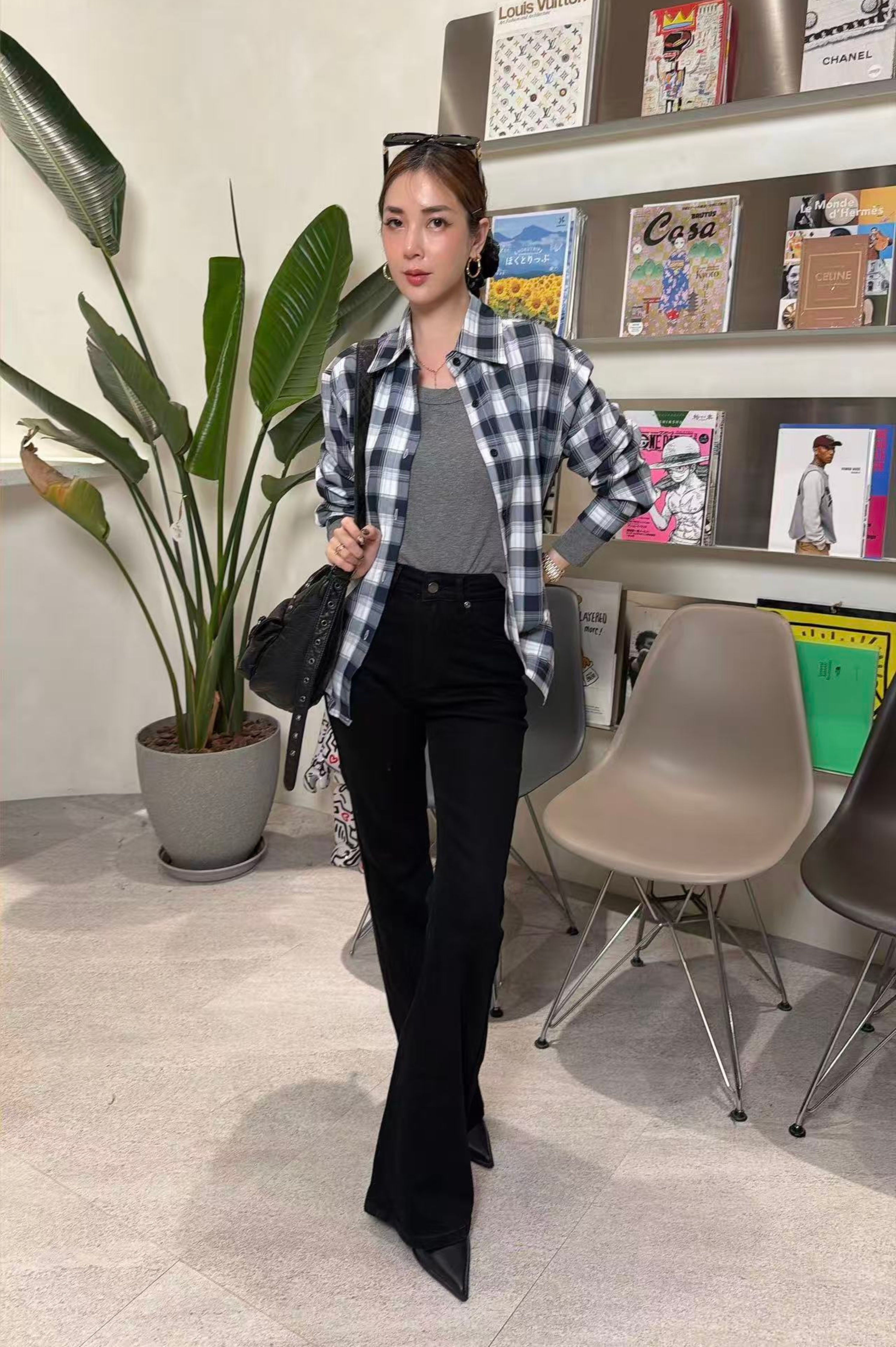 韓系復古撞色格紋長袖襯衫